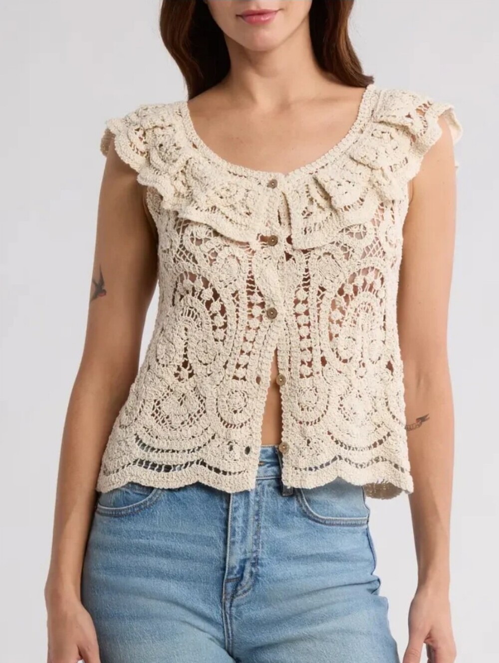 214.Liv Los Angeles Bohemian Crochet Lace Ruffle Top in Cream